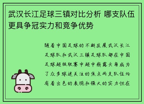武汉长江足球三镇对比分析 哪支队伍更具争冠实力和竞争优势