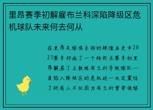 里昂赛季初解雇布兰科深陷降级区危机球队未来何去何从