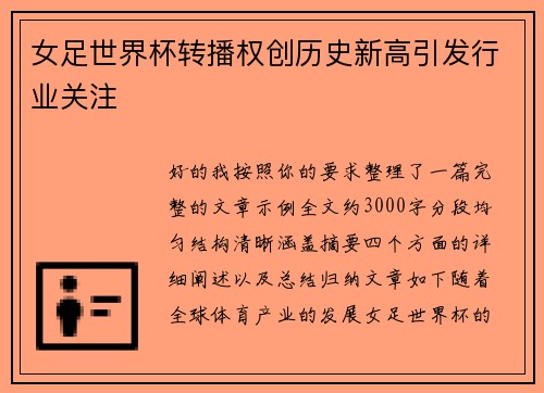 女足世界杯转播权创历史新高引发行业关注